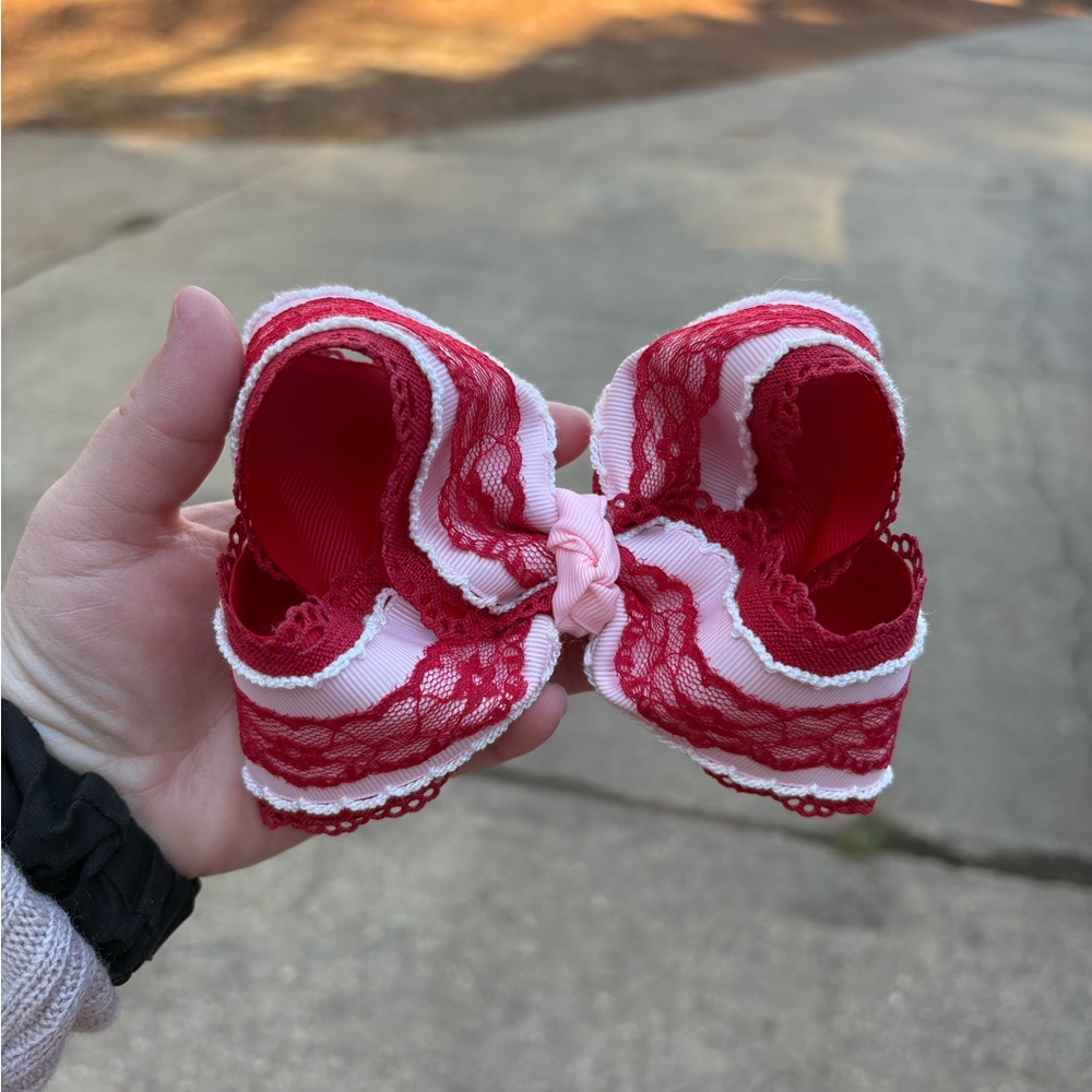 Bless Your Bow Red and White Lace Hair Bow for Kids